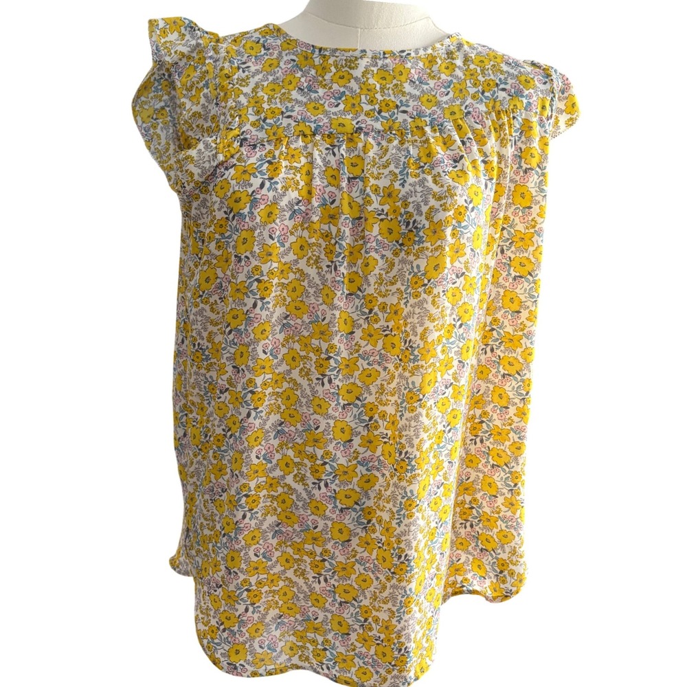LOFT Yellow Floral Ruffle Cap Sleeve Blouse Small Boho Cottagecore Top